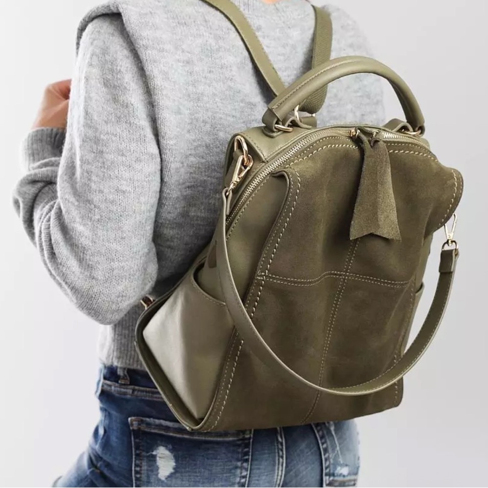 Moda Luxe Olive Green Suede & Leather Backpack Vegan - Picture 2 of 16